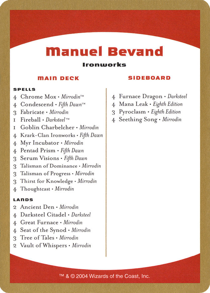 Manuel Bevand Decklist [World Championship Decks 2004] | Yard's Games Ltd