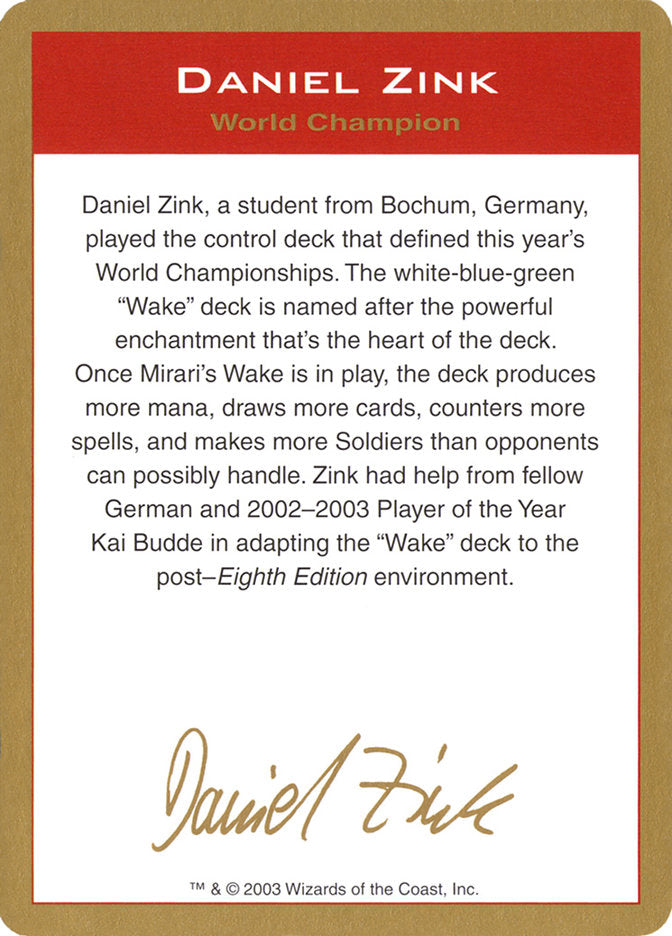 Daniel Zink Bio [World Championship Decks 2003] | Yard's Games Ltd