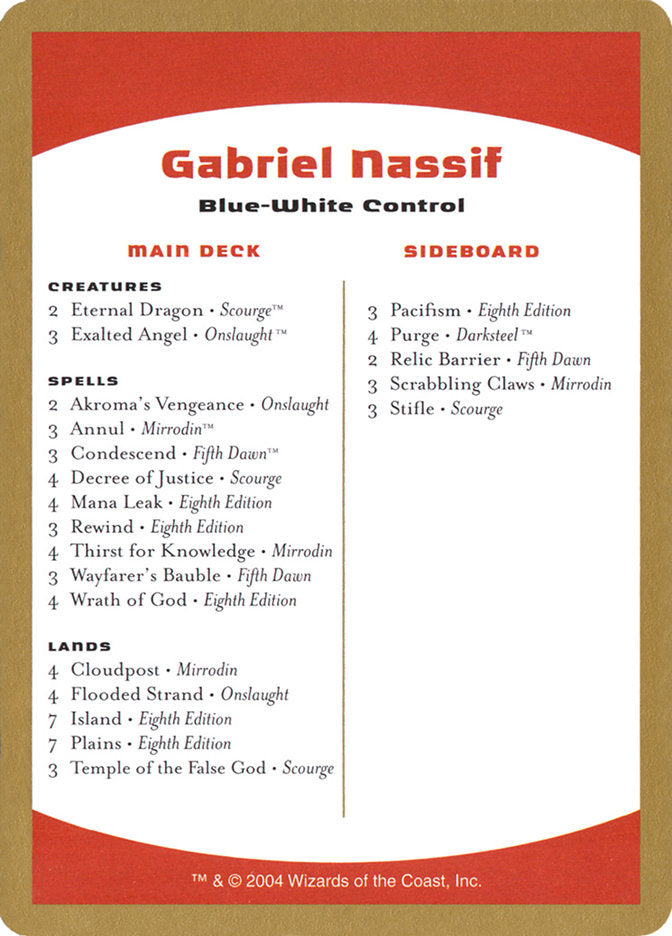 Gabriel Nassif Decklist [World Championship Decks 2004] | Yard's Games Ltd