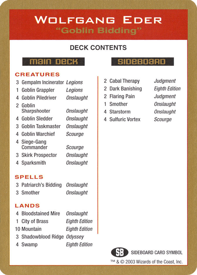 Wolfgang Eder Decklist [World Championship Decks 2003] | Yard's Games Ltd