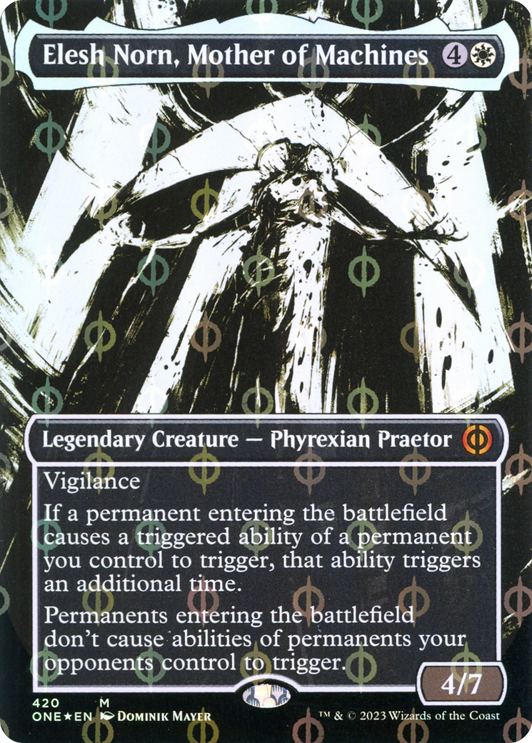 Elesh Norn, Mother of Machines (Borderless Ichor Step-and-Compleat Foil) [Phyrexia: All Will Be One] | Yard's Games Ltd