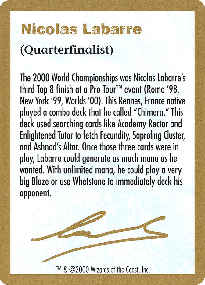 Nicolas Labarre Bio [World Championship Decks 2000] | Yard's Games Ltd