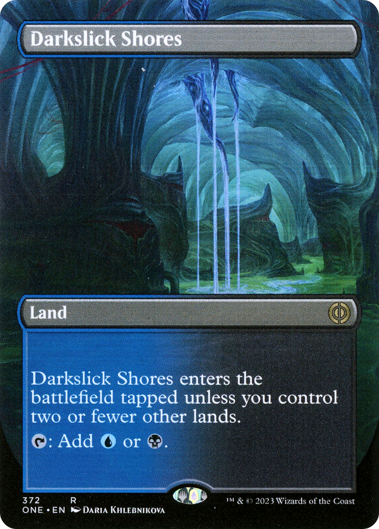 Darkslick Shores (Borderless Alternate Art) [Phyrexia: All Will Be One] | Yard's Games Ltd