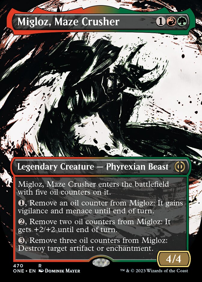 Migloz, Maze Crusher (Borderless Ichor Step-and-Compleat Foil) [Phyrexia: All Will Be One] | Yard's Games Ltd